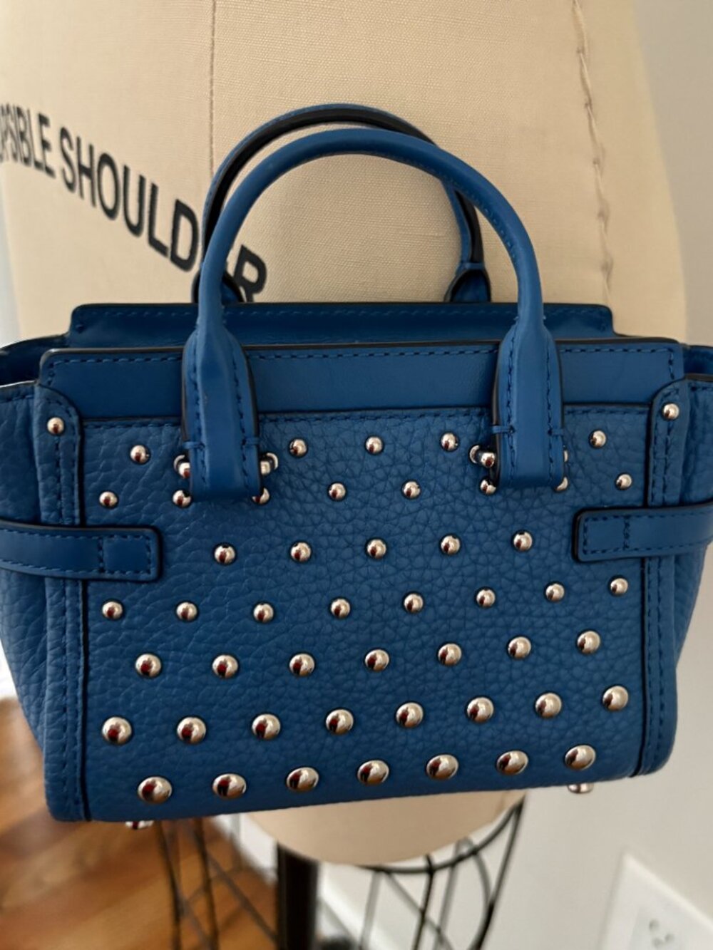 Coach Swagger 15 Blue Pebble Leather Ombre Rivets Crossbody Bag Quiet Luxury - Picture 3 of 11